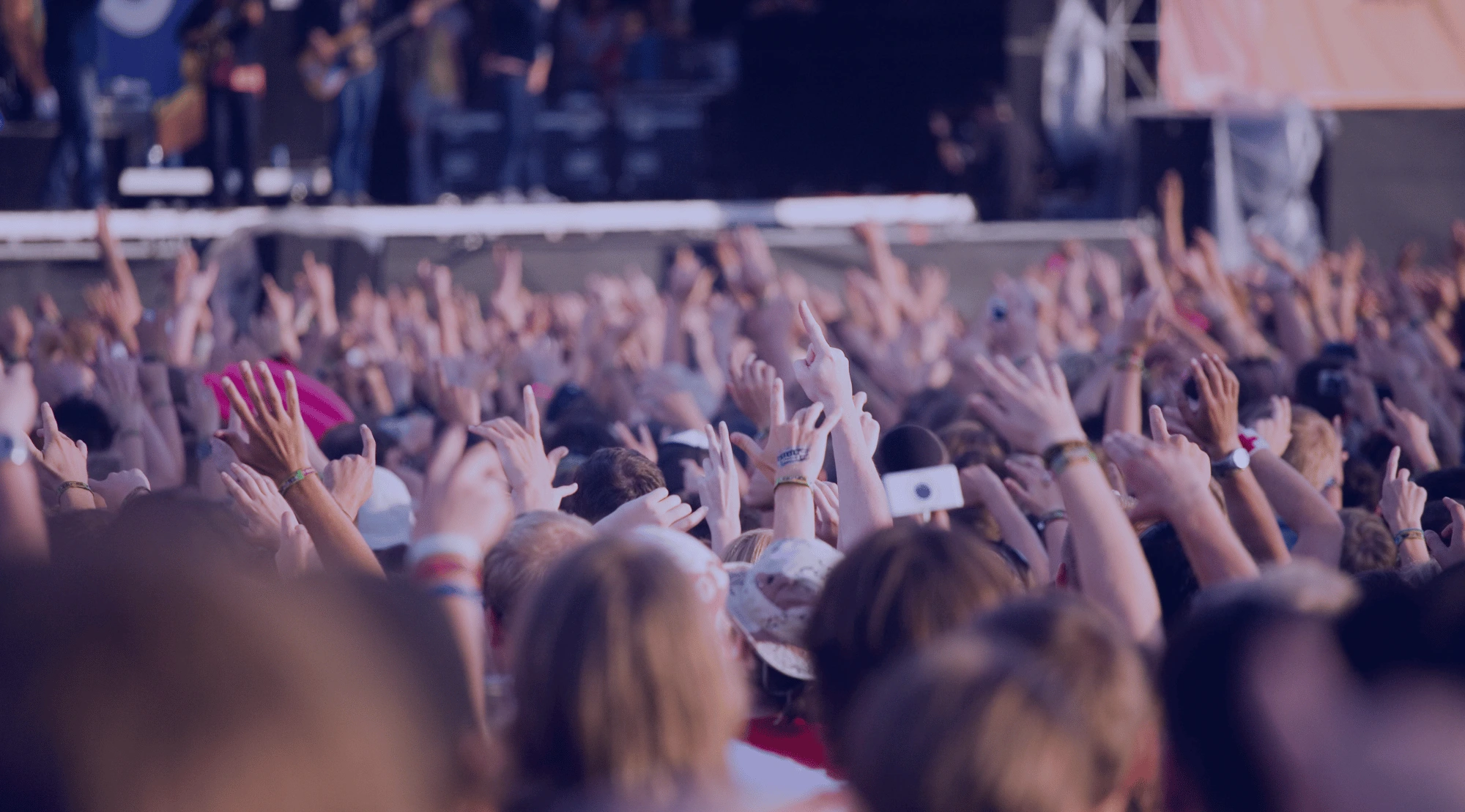 Festival-Crowd mit jubelndem Publikum vor einer Konzertbühne.